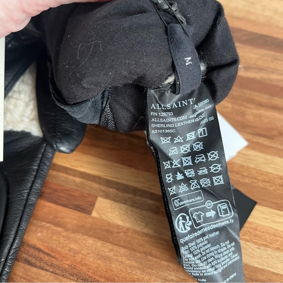 AllSaints Shearling Black Leather Gloves with Ecru Shearling cuff Zipper details - Picture 11 of 13